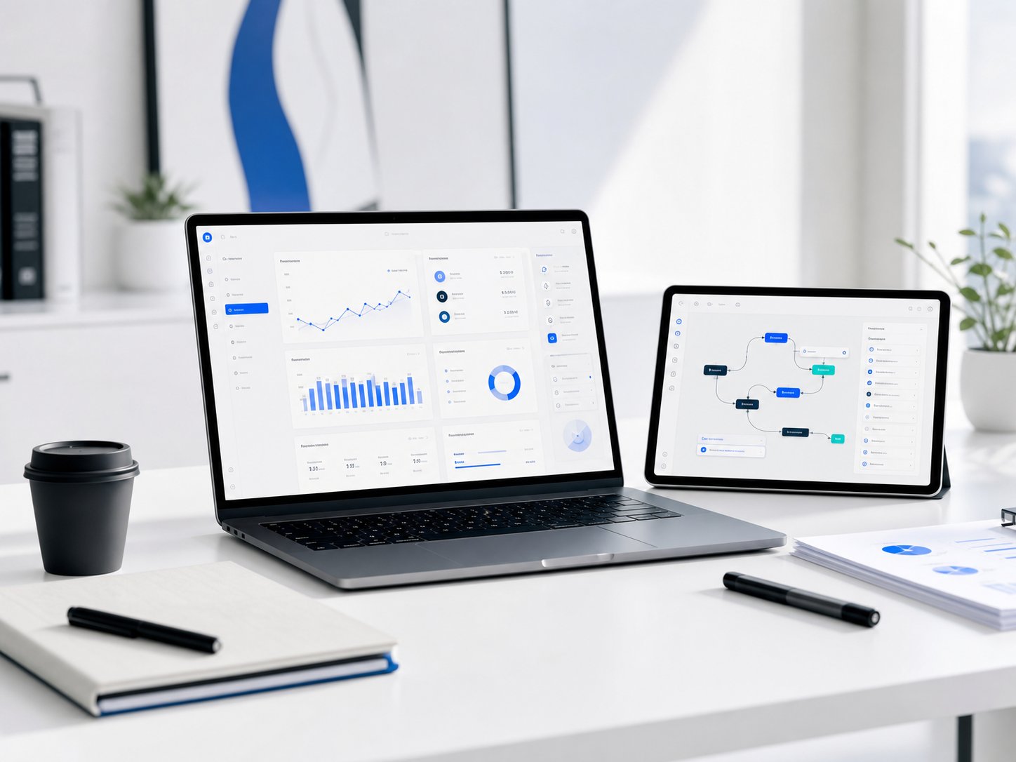 Clean software consulting workspace with abstract product dashboards on a laptop and tablet.
